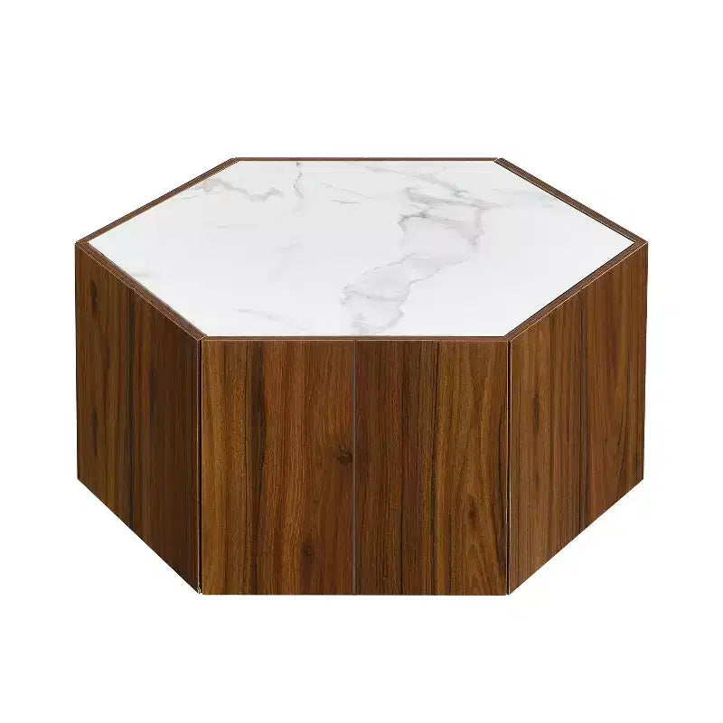 Hexagonal Coffee Table, Rustic Retro Wood Center Table with 2 Hidden Drawers, Textured Marble Top - ModernLuxe