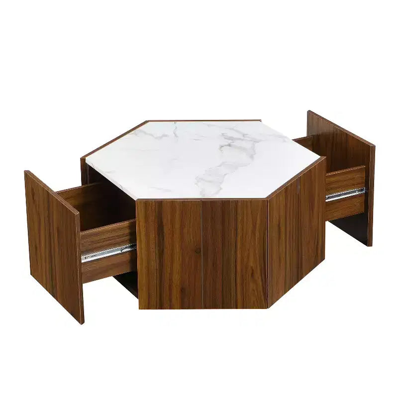 Hexagonal Coffee Table, Rustic Retro Wood Center Table with 2 Hidden Drawers, Textured Marble Top - ModernLuxe