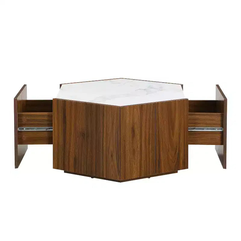 Hexagonal Coffee Table, Rustic Retro Wood Center Table with 2 Hidden Drawers, Textured Marble Top - ModernLuxe