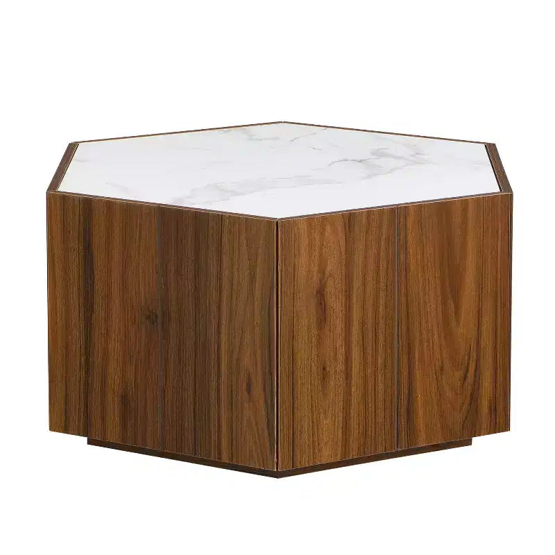 Hexagonal Coffee Table, Rustic Retro Wood Center Table with 2 Hidden Drawers, Textured Marble Top - ModernLuxe