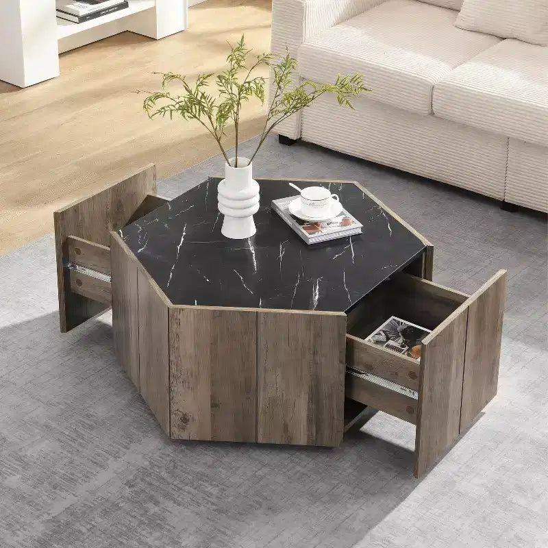Hexagonal Coffee Table, Rustic Retro Wood Center Table with 2 Hidden Drawers, Textured Marble Top - ModernLuxe