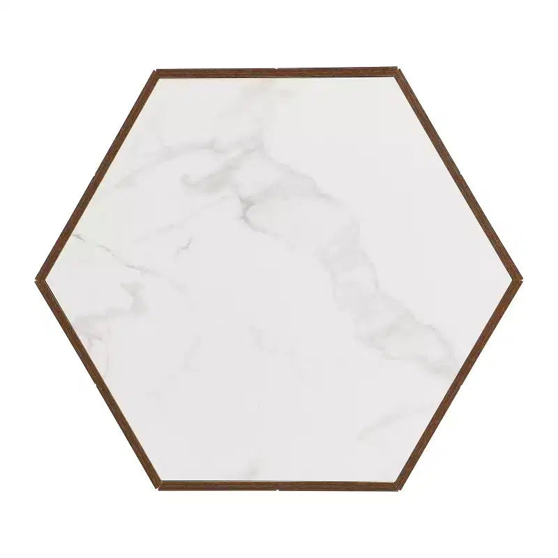 Hexagonal Coffee Table, Rustic Retro Wood Center Table with 2 Hidden Drawers, Textured Marble Top - ModernLuxe