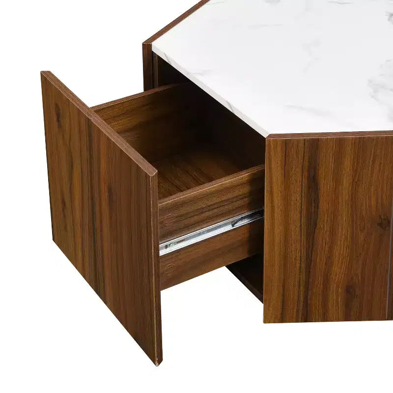 Hexagonal Coffee Table, Rustic Retro Wood Center Table with 2 Hidden Drawers, Textured Marble Top - ModernLuxe