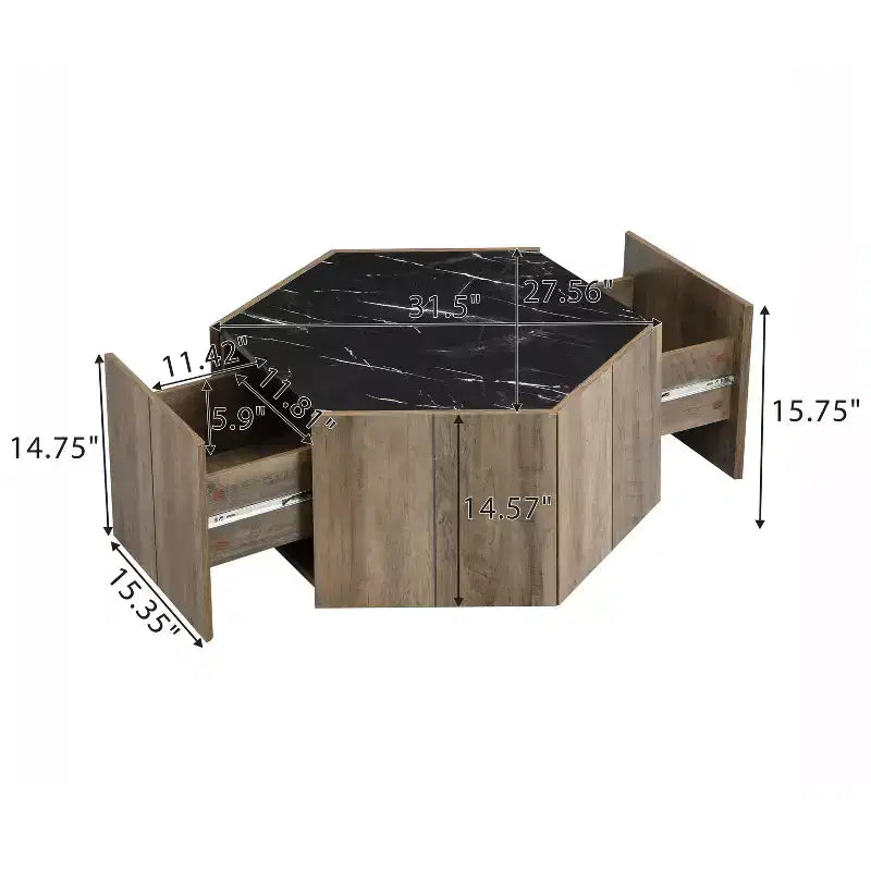 Hexagonal Coffee Table, Rustic Retro Wood Center Table with 2 Hidden Drawers, Textured Marble Top - ModernLuxe