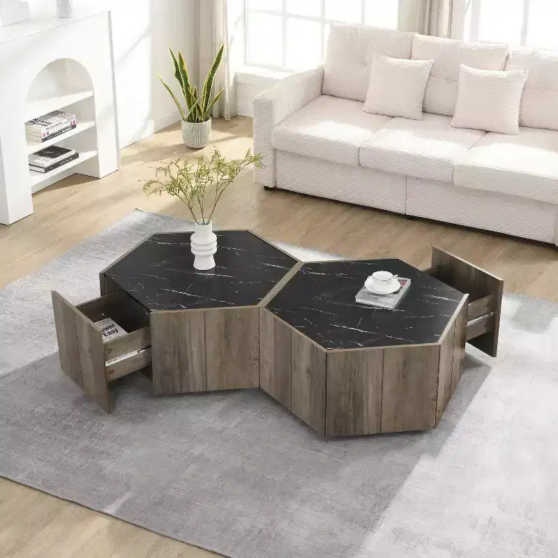 Hexagonal Coffee Table, Rustic Retro Wood Center Table with 2 Hidden Drawers, Textured Marble Top - ModernLuxe