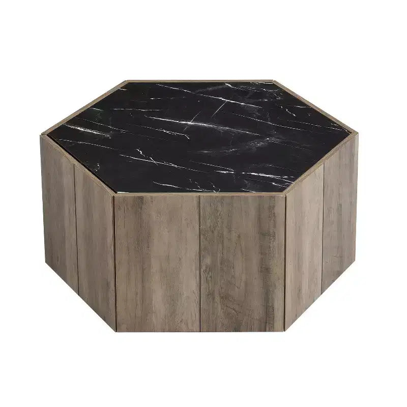 Hexagonal Coffee Table, Rustic Retro Wood Center Table with 2 Hidden Drawers, Textured Marble Top - ModernLuxe