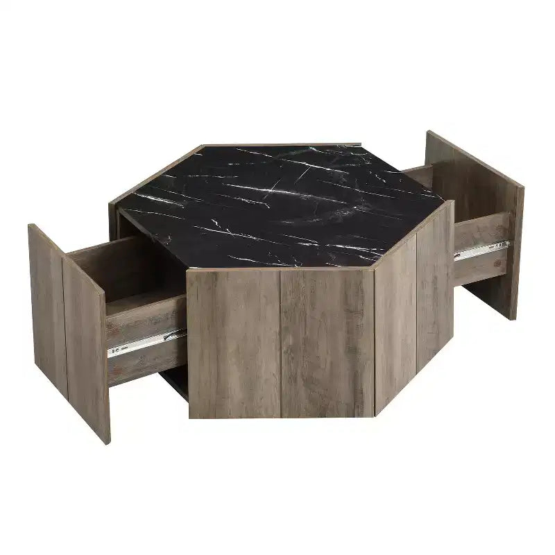 Hexagonal Coffee Table, Rustic Retro Wood Center Table with 2 Hidden Drawers, Textured Marble Top - ModernLuxe