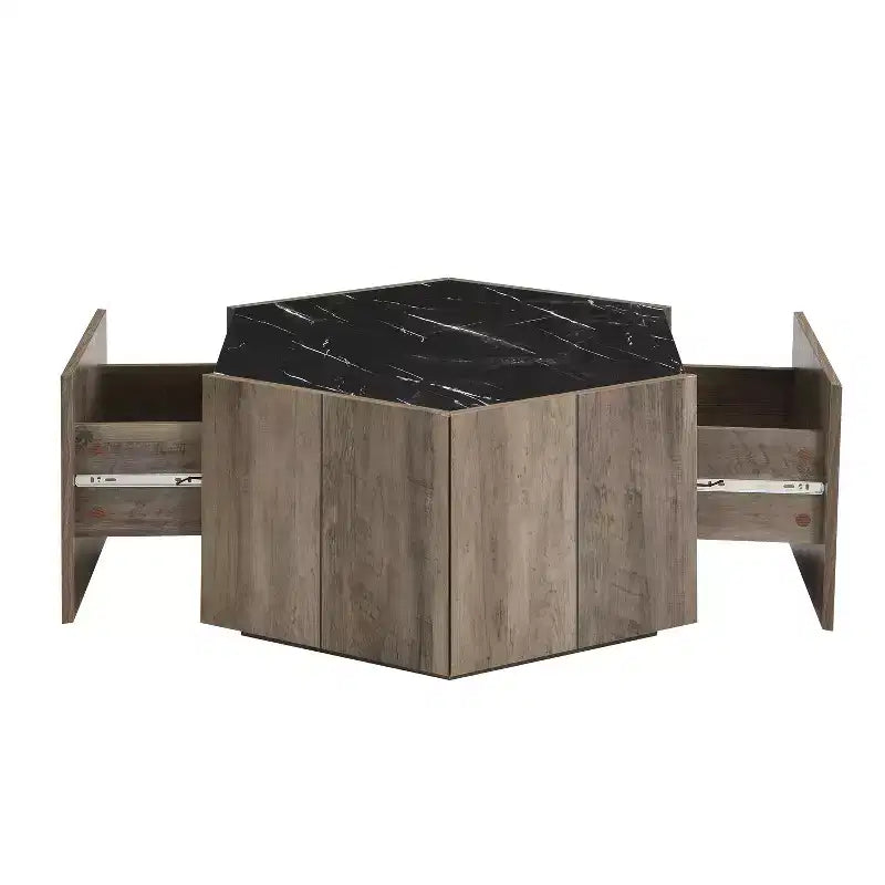 Hexagonal Coffee Table, Rustic Retro Wood Center Table with 2 Hidden Drawers, Textured Marble Top - ModernLuxe