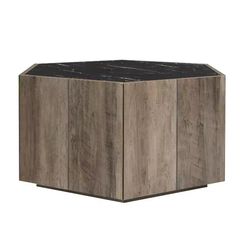 Hexagonal Coffee Table, Rustic Retro Wood Center Table with 2 Hidden Drawers, Textured Marble Top - ModernLuxe