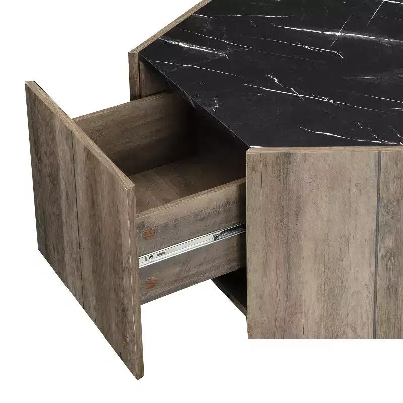 Hexagonal Coffee Table, Rustic Retro Wood Center Table with 2 Hidden Drawers, Textured Marble Top - ModernLuxe