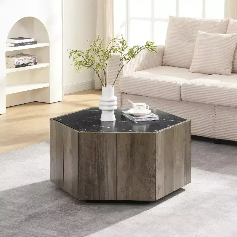 Hexagonal Coffee Table, Rustic Retro Wood Center Table with 2 Hidden Drawers, Textured Marble Top - ModernLuxe