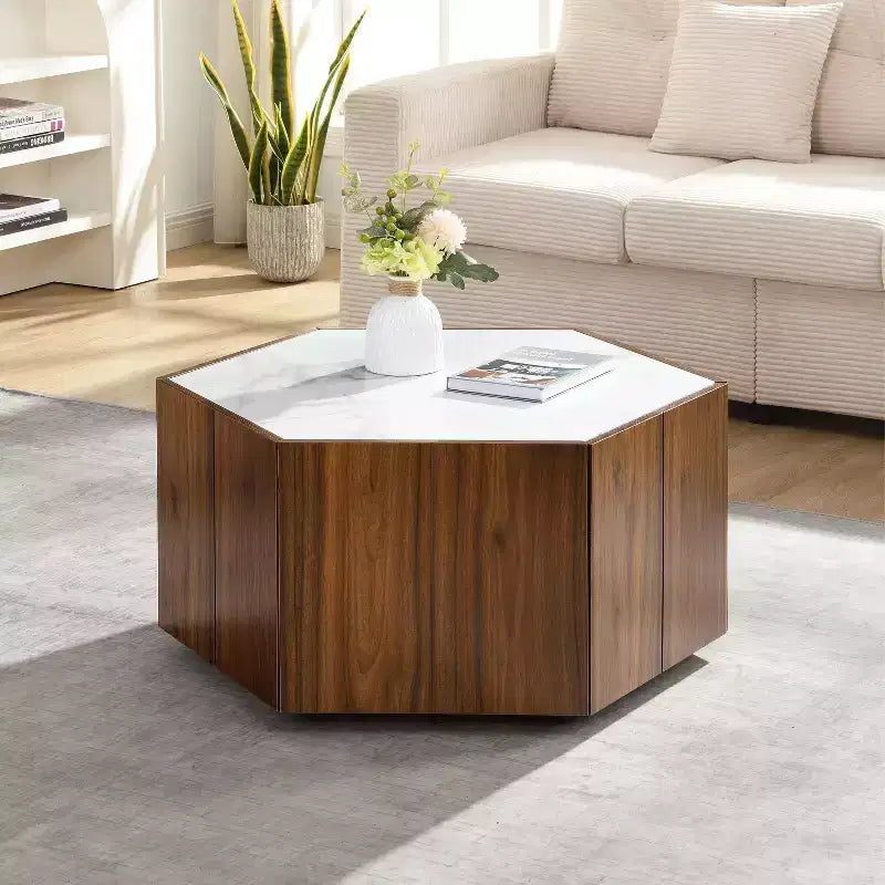 Hexagonal Coffee Table, Rustic Retro Wood Center Table with 2 Hidden Drawers, Textured Marble Top - ModernLuxe