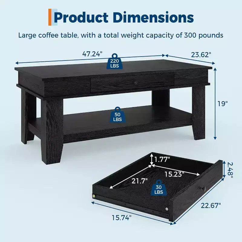 Long Rectangular Coffee Table with Storage Drawer, Rusty Farmhouse Style, Open Shelf, Black Finish