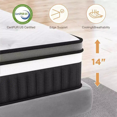 14-inch Queen Hybrid Mattress  Gel Memory Foam, Pocketed Coils, Medium Firm, CertiPUR-US Certified