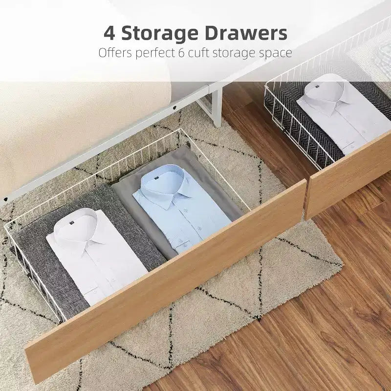 Bed Frame Metal Platform with Headboard,4 Storage Drawers Bed Frame, Queen Size Sturdy BedFrame with Under Bed Storage/No Box Spring Needed