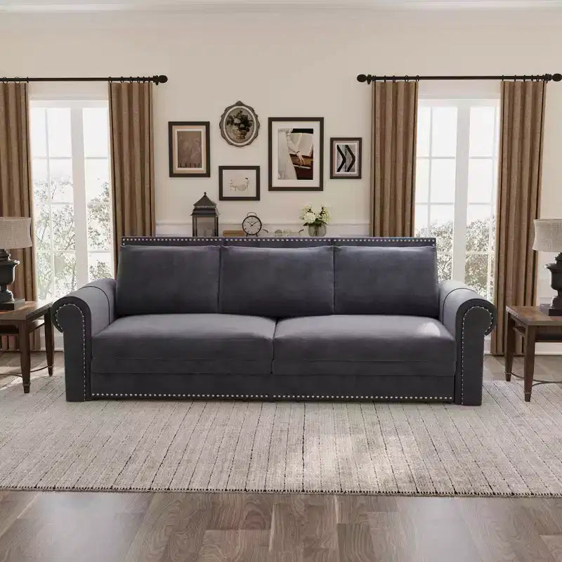 MAYEERTY 93.7 King Pull Out Sofa Bed, 3-in-1 Velvet Convertible Sleeper Sofa with Nailhead Trim& Rolled Arm Gray