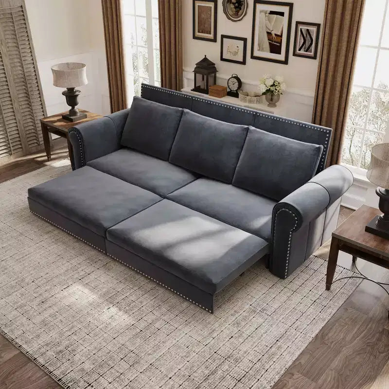 MAYEERTY 93.7 King Pull Out Sofa Bed, 3-in-1 Velvet Convertible Sleeper Sofa with Nailhead Trim& Rolled Arm Gray