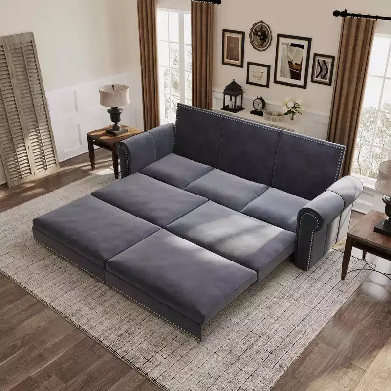 MAYEERTY 93.7 King Pull Out Sofa Bed, 3-in-1 Velvet Convertible Sleeper Sofa with Nailhead Trim& Rolled Arm Gray