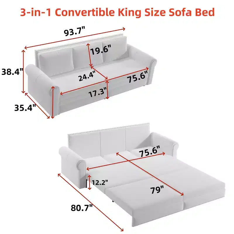 MAYEERTY 93.7 King Pull Out Sofa Bed, 3-in-1 Velvet Convertible Sleeper Sofa with Nailhead Trim& Rolled Arm Gray