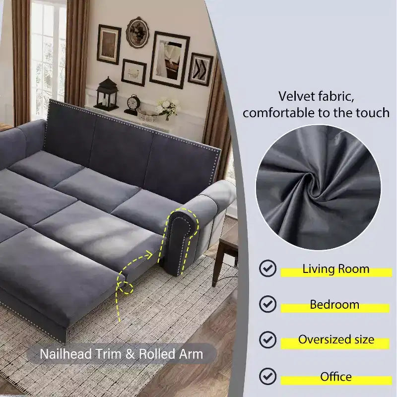 MAYEERTY 93.7 King Pull Out Sofa Bed, 3-in-1 Velvet Convertible Sleeper Sofa with Nailhead Trim& Rolled Arm Gray