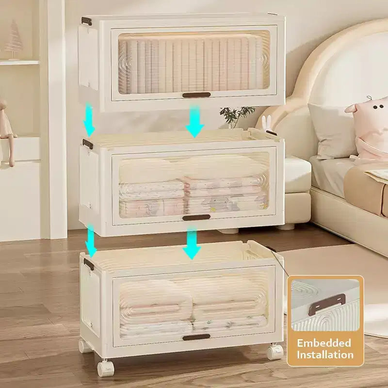 Storage cabinet with Lid, Large Plastic Organiser Boxes, Foldable Wardrobe with Wheels, Stackable Storage Boxes with Door