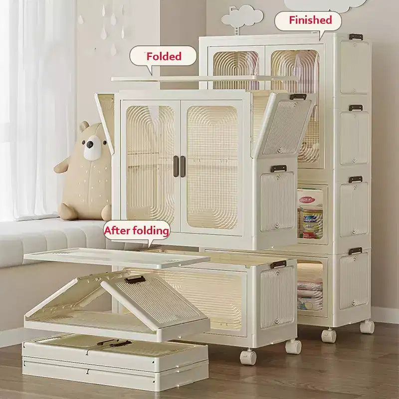 Storage cabinet with Lid, Large Plastic Organiser Boxes, Foldable Wardrobe with Wheels, Stackable Storage Boxes with Door
