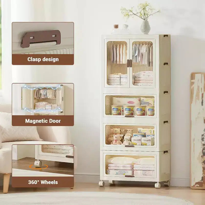 Storage cabinet with Lid, Large Plastic Organiser Boxes, Foldable Wardrobe with Wheels, Stackable Storage Boxes with Door
