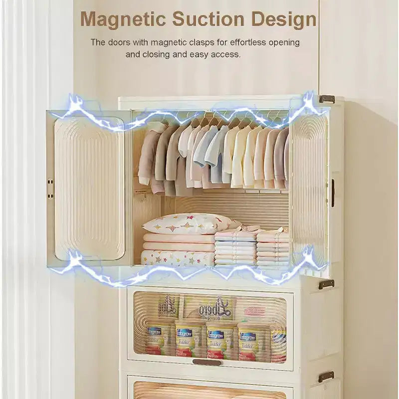Storage cabinet with Lid, Large Plastic Organiser Boxes, Foldable Wardrobe with Wheels, Stackable Storage Boxes with Door