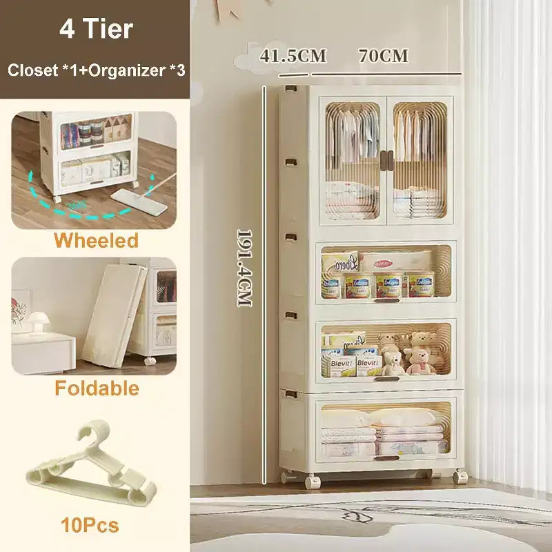 Storage cabinet with Lid, Large Plastic Organiser Boxes, Foldable Wardrobe with Wheels, Stackable Storage Boxes with Door