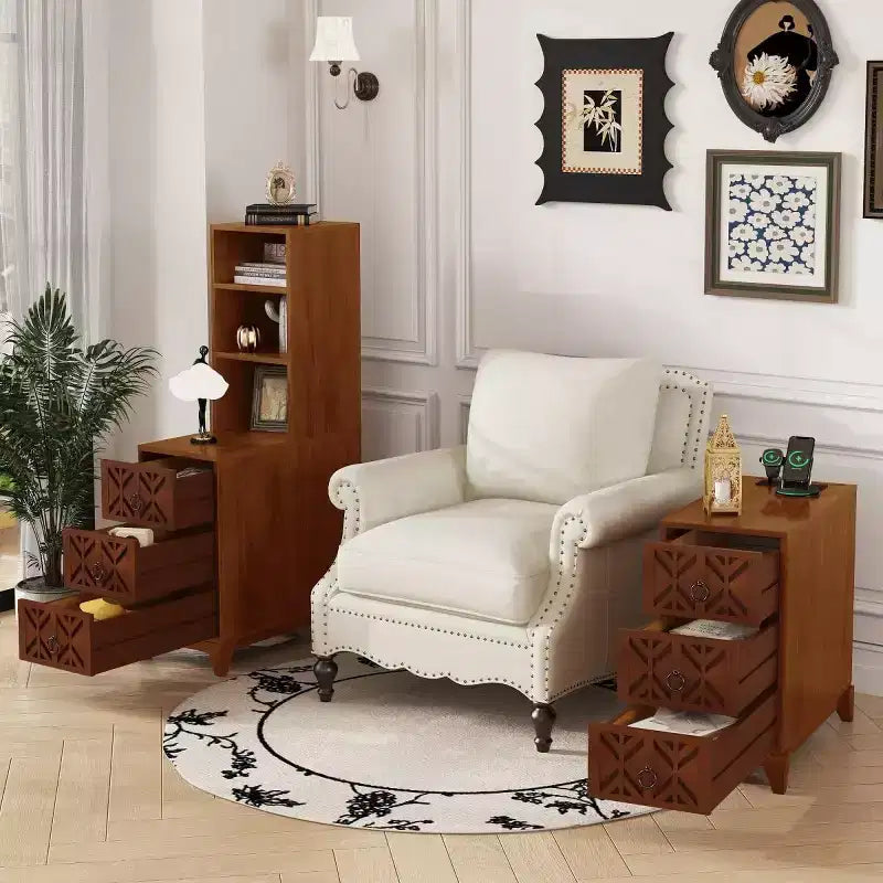 End Table with 3 Drawers, Corner Table with 2 Open Shelves, Tall Side Table for Bedroom and Corner, Walnut,Expect Arrival Date