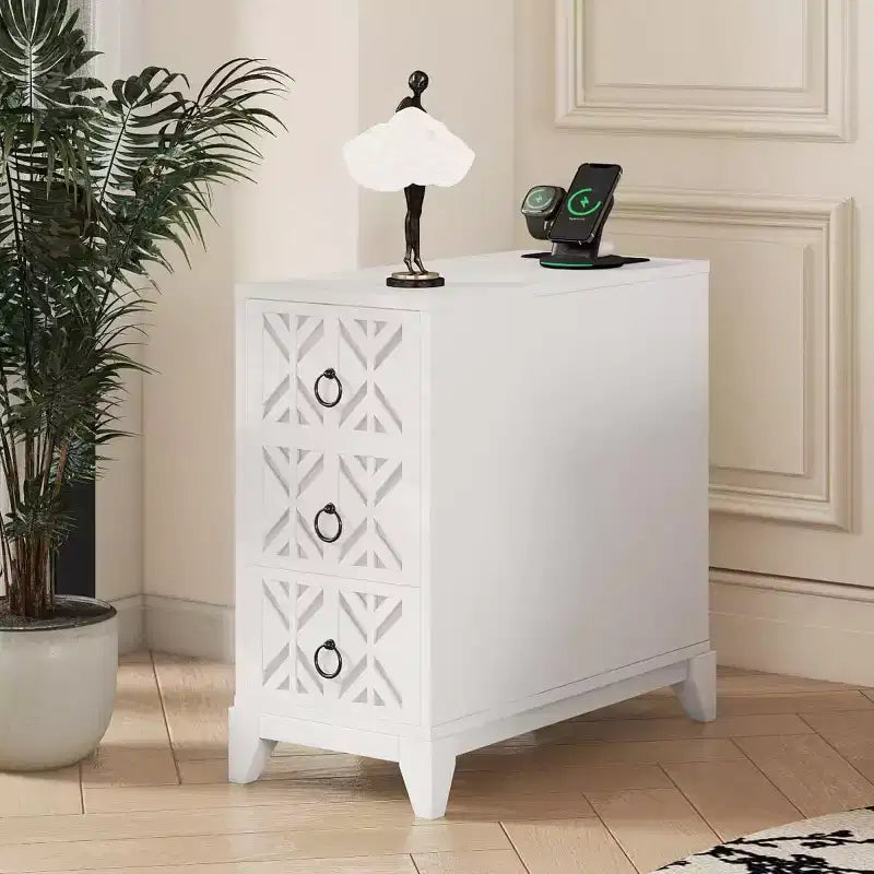 End Table with 3 Drawers, Corner Table with 2 Open Shelves, Tall Side Table for Bedroom and Corner, Walnut,Expect Arrival Date