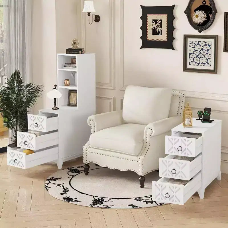 End Table with 3 Drawers, Corner Table with 2 Open Shelves, Tall Side Table for Bedroom and Corner, Walnut,Expect Arrival Date