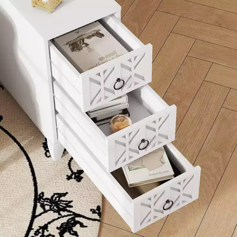 End Table with 3 Drawers, Corner Table with 2 Open Shelves, Tall Side Table for Bedroom and Corner, Walnut,Expect Arrival Date
