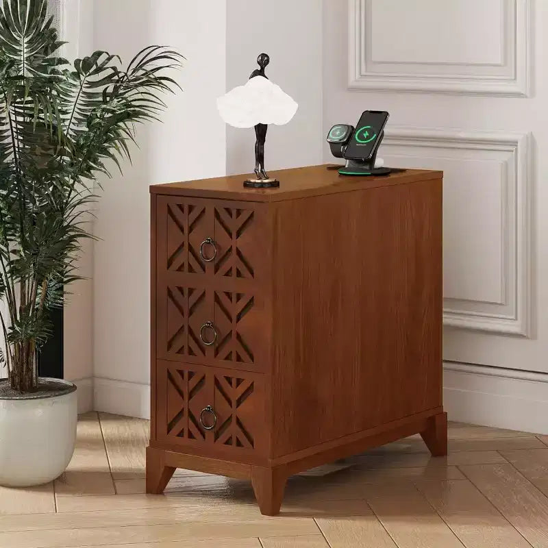 End Table with 3 Drawers, Corner Table with 2 Open Shelves, Tall Side Table for Bedroom and Corner, Walnut,Expect Arrival Date