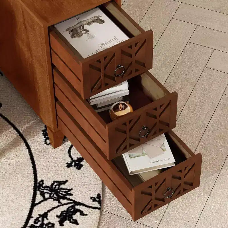 End Table with 3 Drawers, Corner Table with 2 Open Shelves, Tall Side Table for Bedroom and Corner, Walnut,Expect Arrival Date