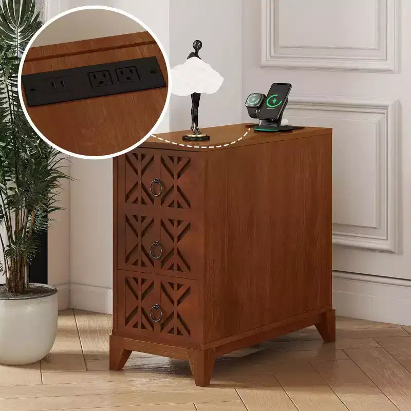 End Table with 3 Drawers, Corner Table with 2 Open Shelves, Tall Side Table for Bedroom and Corner, Walnut,Expect Arrival Date