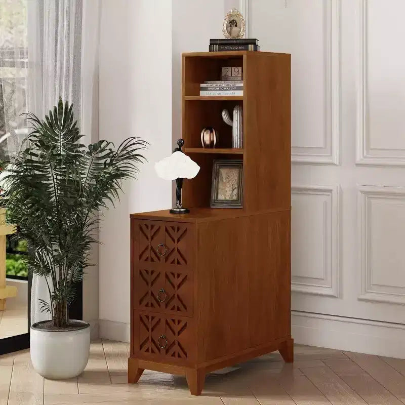 End Table with 3 Drawers, Corner Table with 2 Open Shelves, Tall Side Table for Bedroom and Corner, Walnut,Expect Arrival Date