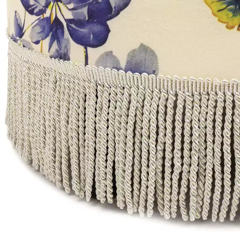 TUYOHW 24 Round Tropical Floral Accent Ottoman with Tassel Rope Bullion Fringe,Vintage Footrest Ottoman Stool for Living Room & Bedroom,Beige