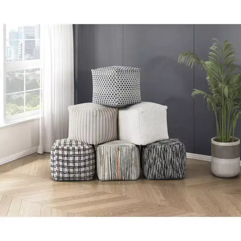 TUYOHW 16H Square Pouf Chic Jacquard Ottoman for Living Room,Footrest Stool Non-Slip Bean Bag Chair,300lbs Capacity,Black Crossed Stripes