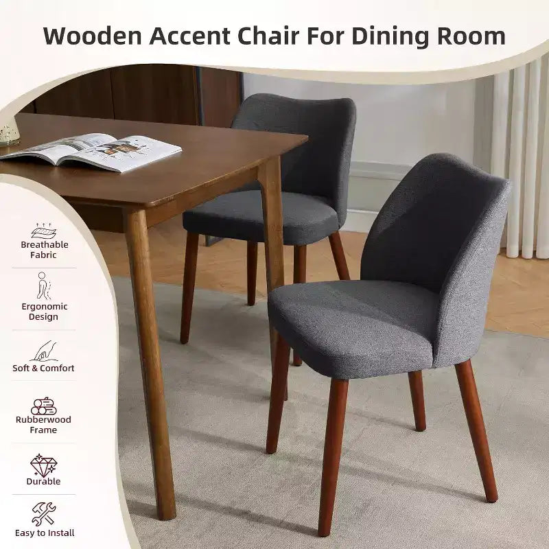 Linen Upholstered Dining Chair with Solid Wood Legs, Wooden Kitchen Chair, Kitchen Chairs with Thick Cushions for Dining Room, Living Room