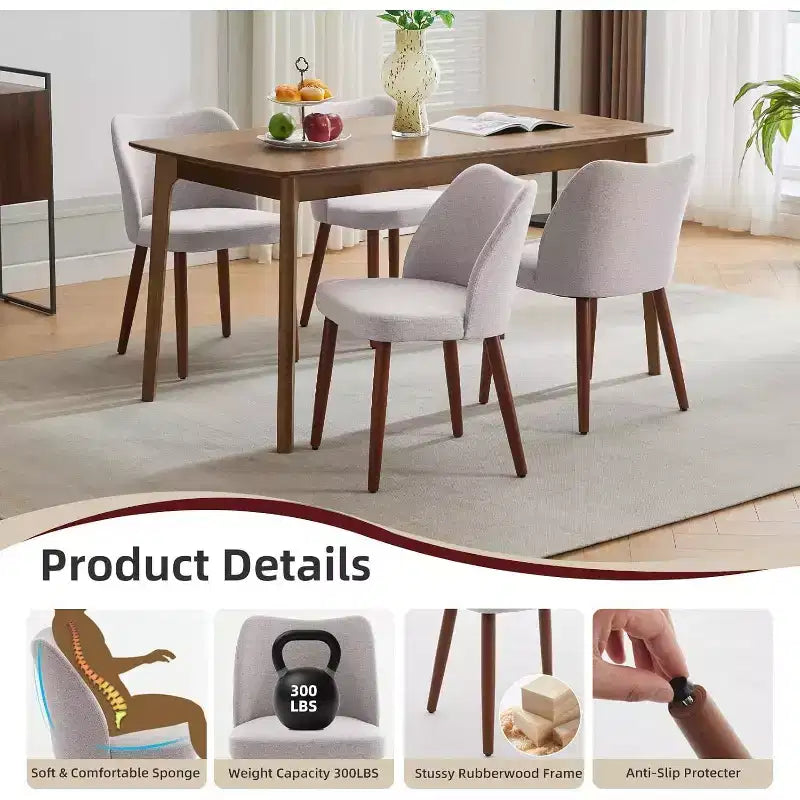 Linen Upholstered Dining Chair with Solid Wood Legs, Wooden Kitchen Chair, Kitchen Chairs with Thick Cushions for Dining Room, Living Room