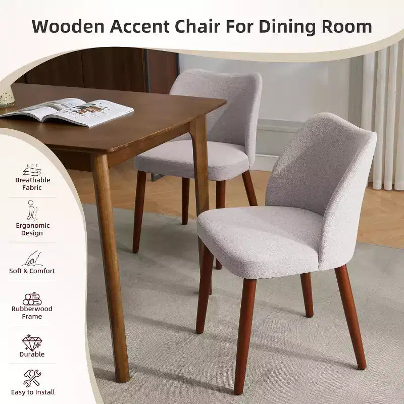 Linen Upholstered Dining Chair with Solid Wood Legs, Wooden Kitchen Chair, Kitchen Chairs with Thick Cushions for Dining Room, Living Room