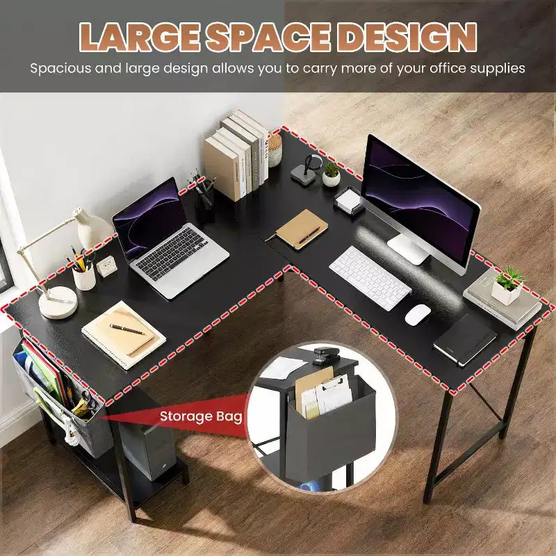 BestMassage Modern L-Shaped Computer Desk for Home Office, Heavy Duty Gaming Desk with CPU Holder & Storage Bag