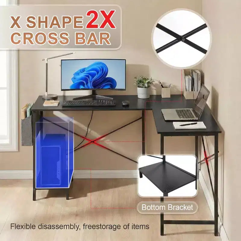BestMassage Modern L-Shaped Computer Desk for Home Office, Heavy Duty Gaming Desk with CPU Holder & Storage Bag