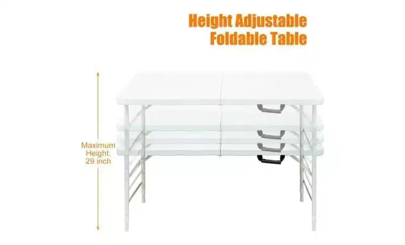 Folding Table, Heavy Duty Portable Plastic Folding Table with Handle, Anti-Slip Feet, Waterproof, Easy to Clean, Adjustable Height, Foldable