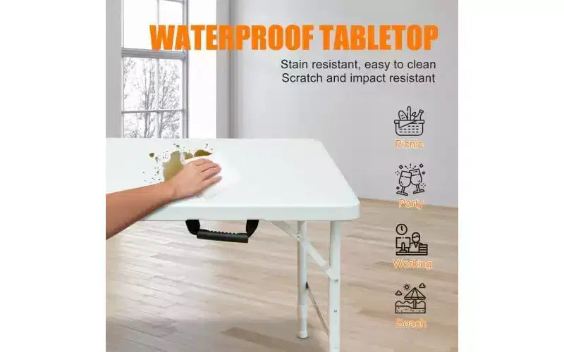 Folding Table, Heavy Duty Portable Plastic Folding Table with Handle, Anti-Slip Feet, Waterproof, Easy to Clean, Adjustable Height, Foldable