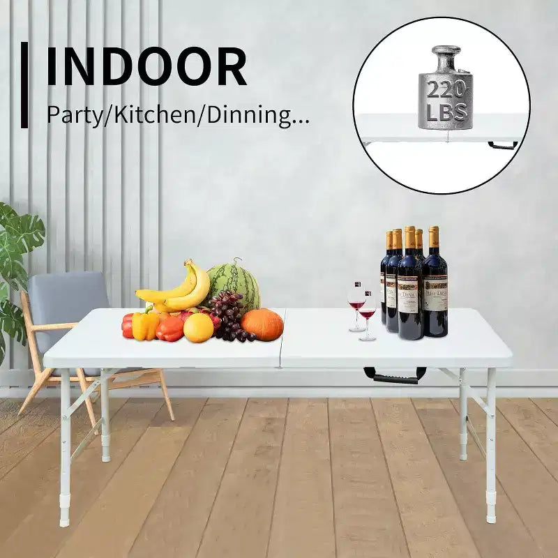 Folding Table, Heavy Duty Portable Plastic Folding Table with Handle, Anti-Slip Feet, Waterproof, Easy to Clean, Adjustable Height, Foldable