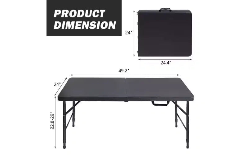 Folding Table, Heavy Duty Portable Plastic Folding Table with Handle, Anti-Slip Feet, Waterproof, Easy to Clean, Adjustable Height, Foldable