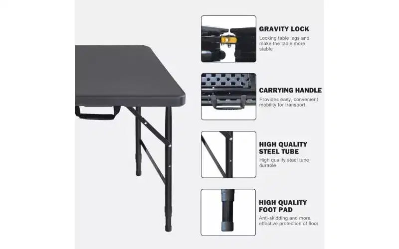 Folding Table, Heavy Duty Portable Plastic Folding Table with Handle, Anti-Slip Feet, Waterproof, Easy to Clean, Adjustable Height, Foldable