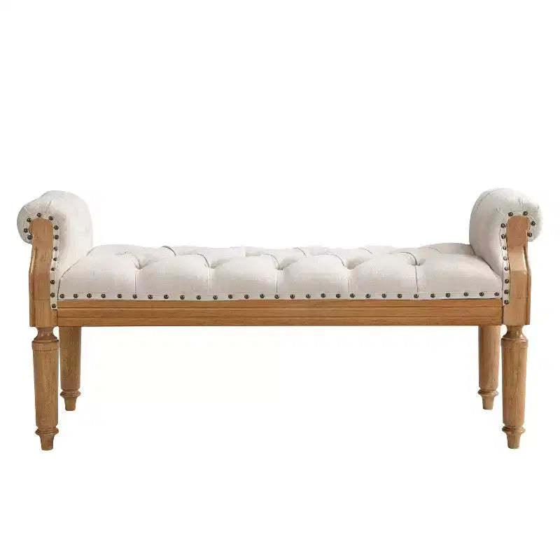 Christopher Knight Home Lena Mid-Century Modern Rubberwood Linen Upholstered Tufted Bench with Rolled Arms